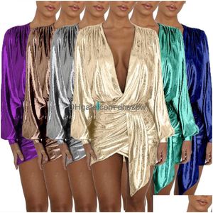 Urban Sexy Dresses Women Metallic Plunge Party Deep V Neck Bodycon Irregar Short Mini Club Dress XS-XXL 6Colors Drop Delivery Appare DHBB3