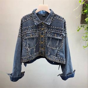 Kadın ceketleri güzel sonbahar çivili perçin denim ceket tek göğüslü sıradan kısa kot palto kadına gevşek mahsul üst r760