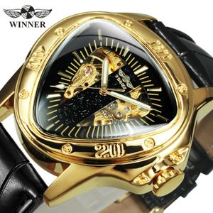 WINNER Orologio scheletrato triangolare militare per uomo Orologio sportivo di lusso luminoso automatico Orologi meccanici cinturino in acciaio inossidabile dorato 240123