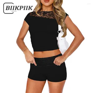 Tute da donna BIIKPIIK Patchwork di pizzo Set da donna Casual Floral See Through Shorts Tute Concise Slim Fit Crop Top Vita bassa Set di base