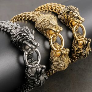 Cool Lion Head Armband Men Figaro Link Chain Mens manschettarmband Tunga solida 14K gula guld Male smycken Bangles