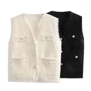 Women's Vests Small Fragrance Sweater Vest Jacket Elegant V-neck Pearl Button Cardigan Pocket 2024 Fashion Casual Coat Top