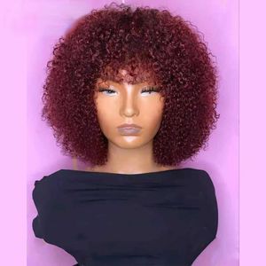 250 Density Brazilian Afro Curly Wig with Bangs Short Simulation Human Hair Afro Kinky Curly Wig Brown Color Glueless No Full Lace Wig