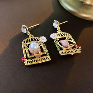 Dingle örhängen mode söt söt pärla fågelbur dropp personlighet kreativ design känsla örhänge för kvinnor flickamycken