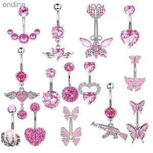 Nabel-Klingelknopfringe, rosa, 14 g Edelstahl, Schmetterling, Nabel-Bauchnabelringe, Damenmode, Herz-Bauchnabelring, Piercing, Körperpiercing-Schmuck, YQ240125