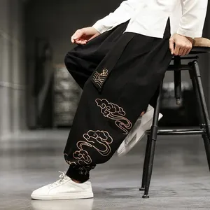 Men's Pants Men Trousers Chinese Style Embroidered Linen Casual Printed Loose Wide Leg Leggings Bloomers Trendy And Fashionable
