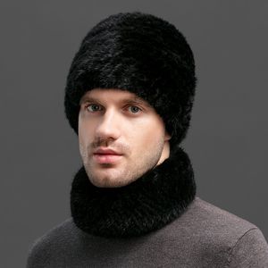 Um conjunto de chapéu de pele de vison real masculino + cachecol gorro de malha inverno quente pescoço gola quente esqui ao ar livre boné