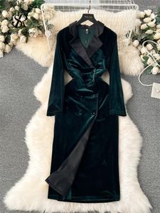 Casual Dresses SINGREINY High Quality Women Velvet Dress Fashion Notched Double Breasted Design Slim Fit Elegant Senior Office Lady Long