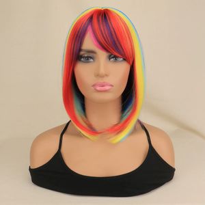 Halloween costume role-playing wig black female white female color rainbow Bob synthetic hair and straight bangs natural party 230125