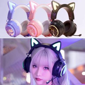 Наушники GS510 Pink Cat Ear со светодиодной подсветкой Гибкая микрофонная игровая гарнитура 7.1 Surround Компьютерные наушники для ПК Геймер подарок