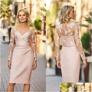 Mother'S Dresses Elegant Pink Sheath Mother Of The Bride V-Neck Satin Lace Appliqued Illusion Long Sleeves Knee Length Wedding Guest Dhhjm