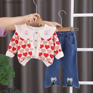 Clothing Sets Spring Autumn Baby Girl Valentines Day Outfit Personalize Lovely Heart Printed Cardigan Coats + Shirts + Pants Girls Clothes Set