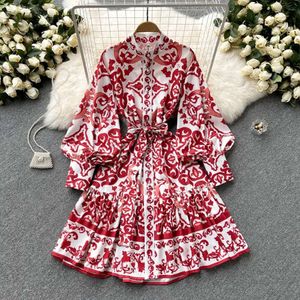 Palace Retro Dress 2023 Spring And Autumn New Stand-Up Collar Print Lantern Sleeve Waist Tie Single-Breasted Shirt Skirt 964