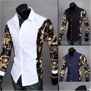 Camisas Casuais Masculinas Atacado - Vestido Preto e Dourado Barroco Impresso Camisa Branca Homens Roupas de Verão Camisas Slim Fit Chemise Roupas Dhnhw