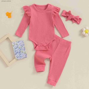 Kleidungssets 3PCS gerippte weiche Baumwolle neue Baby Mädchen Kleidung Set Herbst Frühling Outfits Langarm Strampler Hosen Stirnband Kinder Set Säuglingskleidung