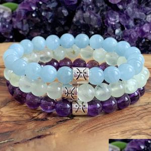 Beaded Mg1317 Strand New Design Pisces Zodiac Stack Bracelet Set Womens Natural Aa Prehnite Mala Amethyst Aquamarine Wrist Jewelry Dr Dhjlq