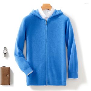 Suéter masculino outono inverno lã pura com zíper cardigan suéter casual confortável sólido manga comprida com capuz masculino marca casaco de malha