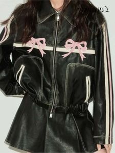 レディースジャケットボウオートバイレザージャケット女性秋のファッションジッパーポロネックトップ
