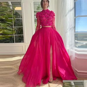 Prom klänningar 3d blommor applikationer fuchsia två stycken långa ärmar chiffong en linje special ocn klänningar front split high nacke afton dres dhiyt