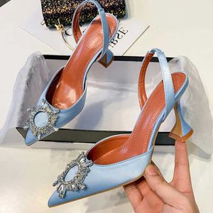 Sandaler Big Size 41 42 Blue Women Pumps Silk Satin Pointy Toe Rhinestone Crystal High Heels Shoes Slip On Women Wedding Pumpar Sandal J240125