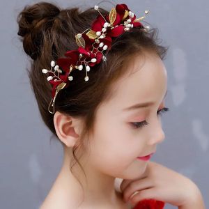 Charm Chinese Hair Accessories Headband For Kids Vintage Red Flower Pearl Hairbands Bridal With Earrings Wedding Hanfu Hair Jewelry