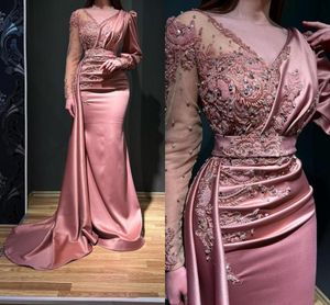 Vintage Pink Long Sleeve Evening Dresses Sheer V-Neck Mermaid Floor-Length Appliques Beads Floor Length Formal Party Ocn Gowns Mother Dress Prom