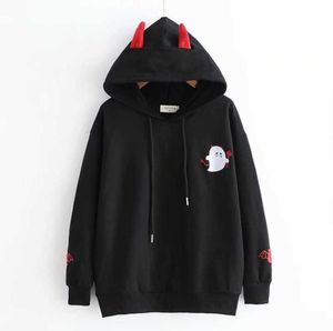 Harajuku hoodies menina pequeno diabo chifres gótico moletom com capuz feminino outono solto lolita pullovers topos preto branco t1911182697324