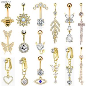 Bauchnabelpiercings für Nabel, goldfarben, Herzkristall, CZs, Bauchnabelpiercing, Schmetterlingsblume, Bauchnabelpiercing für Damen, Edelstahl, baumelnd, YQ240125