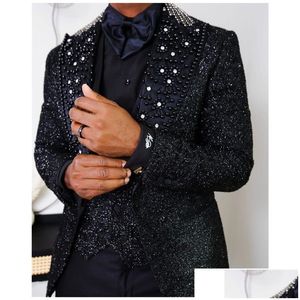 Ślubne smoking Blaskawo cekinowe mężczyzn Wedding Tuxedos 3 sztuki Perły Peading Peadeed Outfits Lapel Spodne