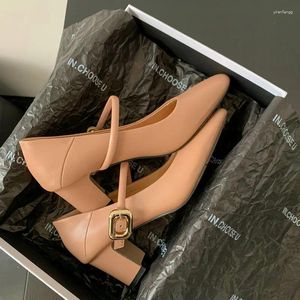 Dress Shoes Genuine Cow Split Leather Nude Black Luxury Elegant Lady Spring Pumps Thick Chunky High Heels Big Buckle Metal Mary Janes