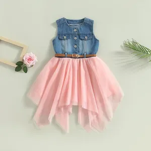 Girl Dresses Toddler Kid Baby Girls Summer Patchwork Dress Childrern Sleeveless O Neck Button Mesh Denim With Belt Outfit