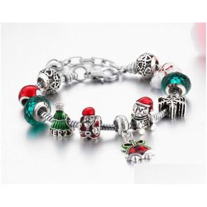 Boncuklu Noel Bilezik Santa Bell Charm DIY Mücevher Yapımı Yeşil Noel Ağacı Sier Renk Alaşım Kristal Boncuk Damla Dağıtım Takı Bra Dh6lv