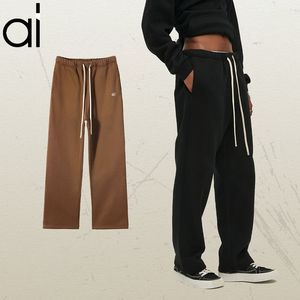 Al Yoga Straight Leg Sweatpants Plush Warming and Wearable High-Rise Jogger Pants Heavy Weight Low DrawString Sportkläder Män och kvinnor Streetwear med fickor