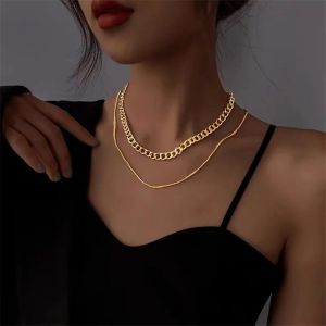 European Vintage Multi Layered Chain 14k Yellow Gold Necklace For Women New Fashion Double Layer Chunky Choker Halsband smycken