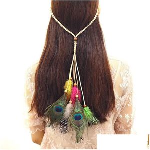 Kafa kızları Hippi Hint Teacock Tüy Head Band Bohemia tarzı moda dokuma büyüleyiciler kafa ipi leopar 5 stil toptan d dhoxf