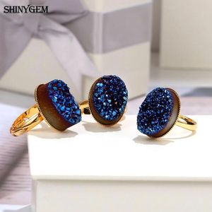 Bandas ShinyGem Moda 13 * 18mm Oval Cristal Druzy Stone Anéis Charme Rainbow Geode Espumante Anéis Ajustáveis para Mulheres Jóias Presente