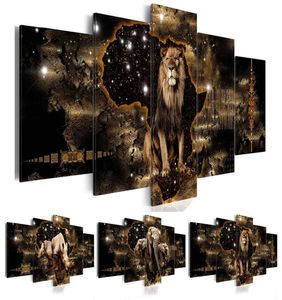 5 Pcs Fashion Wall Art Canvas Painting Abstract Golden Texture Animal Lion Elephant Rhinoceros Modern Home Decoration No Frame T205204898