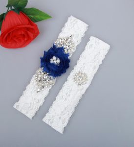 2 stycken Set Bridal Leg Garters Prom Starter Bridal Wedding strumpebälte spetsar Rhinestones Crystals Pearls Royal Blue Chiffon Flowers8194039