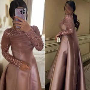 Elegant a-line aftonklänning 2024 juvel hals långa ärmar paljetter applikation satin prom formella klänningar för kvinnor mantel de soiree anpassning