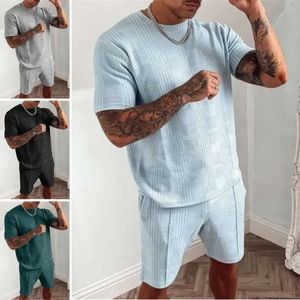 Herrspårar 2022 Summer Tracksuit Men Casual Sports Set Solid Color Plaid Short Sleeved Shorts Set Herr Fashion 2 Piece Sportswear 695