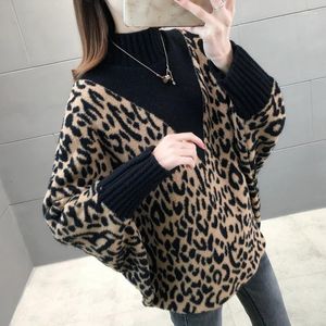 Suéteres femininos 2024 inverno grosso cashmere suéter mulheres bat manga gola alta pulôver jumper feminino tricô leopardo moda suor