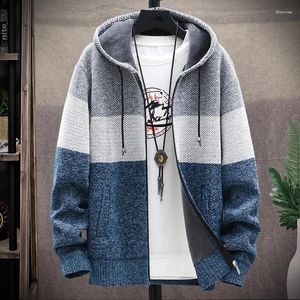 Männer Pullover 2024 Herbst Winter Fleece Mit Kapuze Sweatercoat Gestreifte Strickjacke Männer Warme Casual Pullover Jacken Dicken Strick Windjacke