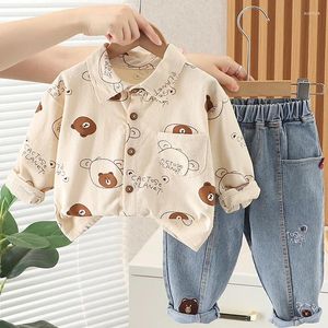 Clothing Sets 2024 Spring Autumn Baby Boys Set Full Print Cartoon Bear Long Sleeve Shirt Jeans 2Pcs Suit For 1-5Y Kids Casual Outfit