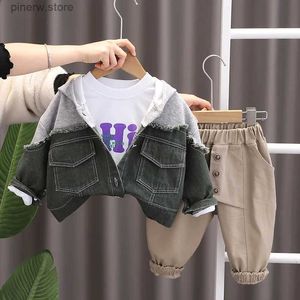 Clothing Sets 2024 New Baby Spring Boys Luxury Designer Clothes for Kids Patchwork Long Sleeve Denim Coats + White T-shirts + Casual Pants Set