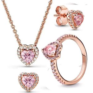 Sterling Sier Set Fashion Pink Heart Ring Necklace Earrings Fit Design Original Bracelet DIY Wedding Jewelry