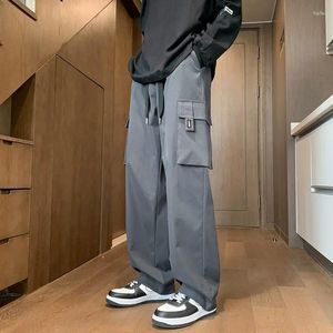 Men's Pants Japanese Style Long Cargo Fashion Casual Wide Leg Trousers Drawstring Waist Pocket Straight Pant for Man