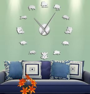 Sus Scrofa Wild Boar Figurs Wall Art Mirror Naklejki DIY Giant Wall Clock Wild Pig Duży wiszący zegar zegarka ścienna Prezenty Y235558993