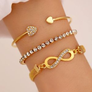 2024 Trendy Geometrische Gliederkette 14k Gold Armband Set für Frauen Strass Gold Farbe Herz Offene Manschette Armreif Boho Party Mädchen Schmuck