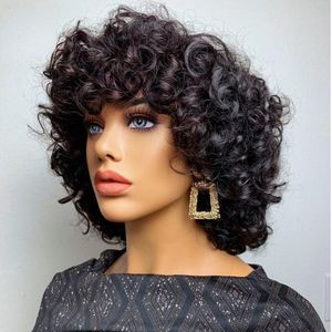 Black Short Afro Kinky Curly Bob Human Hair Bangs Wig For Women Brazilian Remy Hair Ombre Brown Loose Water Wavy Wigs