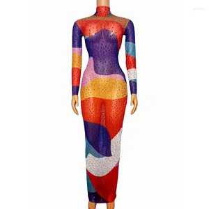 Scen Wear Wear Multi-Color Printing Rhinestones Stretch Long Dress Transparent kostym Birthday Prom Celebrate Evening Party Mesh